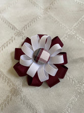 Load image into Gallery viewer, 2 layered ribbon bow w/plaid button on a barette
