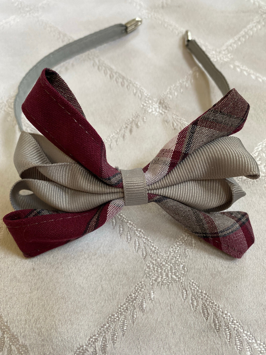 Grey headband  w/plaid and ribbon bow